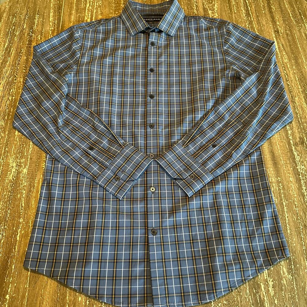 Mizzen + Main Leeward Performance Dress Shirt Plaid Blue Yellow Mens Size M Trim